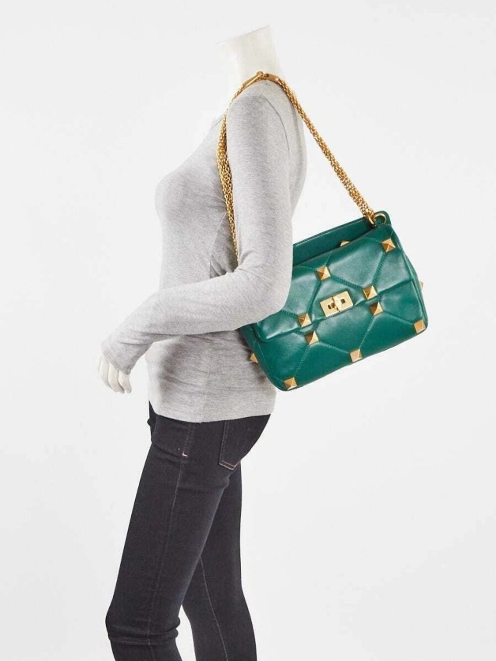 Valentino Jungle Green Nappa Leather Roman Stud Medium Shoulder Bag - Picture 2 of 10
